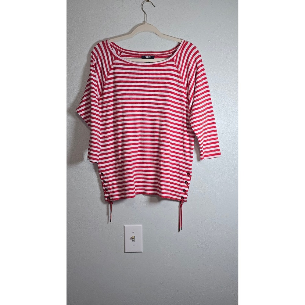 Chaps Denim Womens Red White Striped Lace Up Side 3/4 Sleeve Knit Top Large
